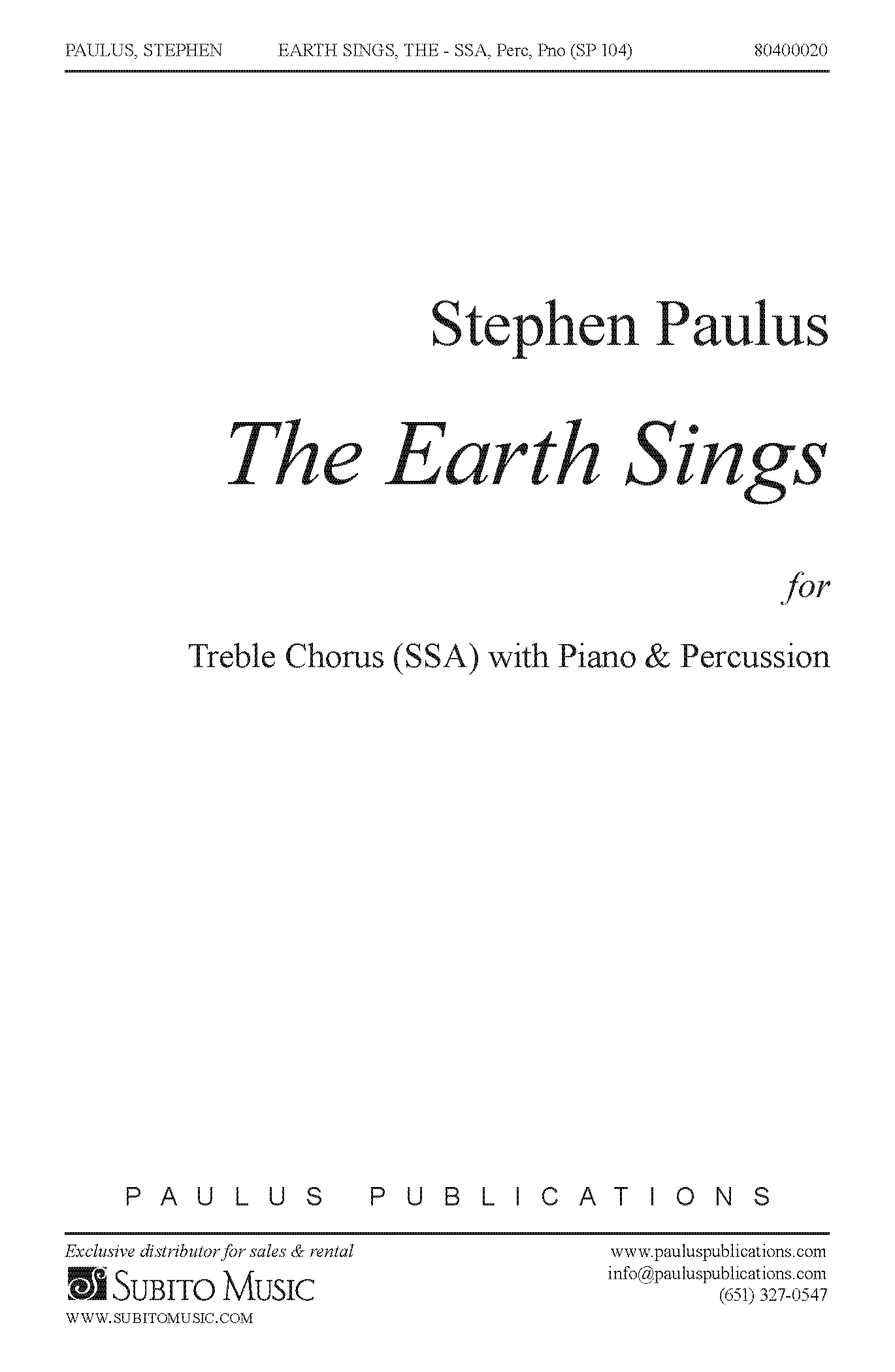 The Earth Sings - Percussion Part for SSAA Chorus, Piano & Hand Percussion